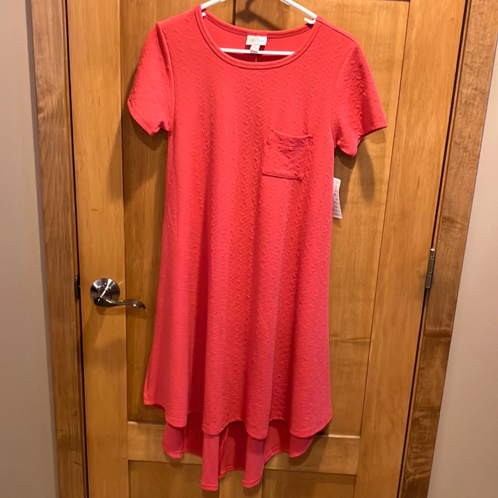 NWT LuLaRoe Carly salmon short sleeve dress w/ high/lo hem, front pocket, XS